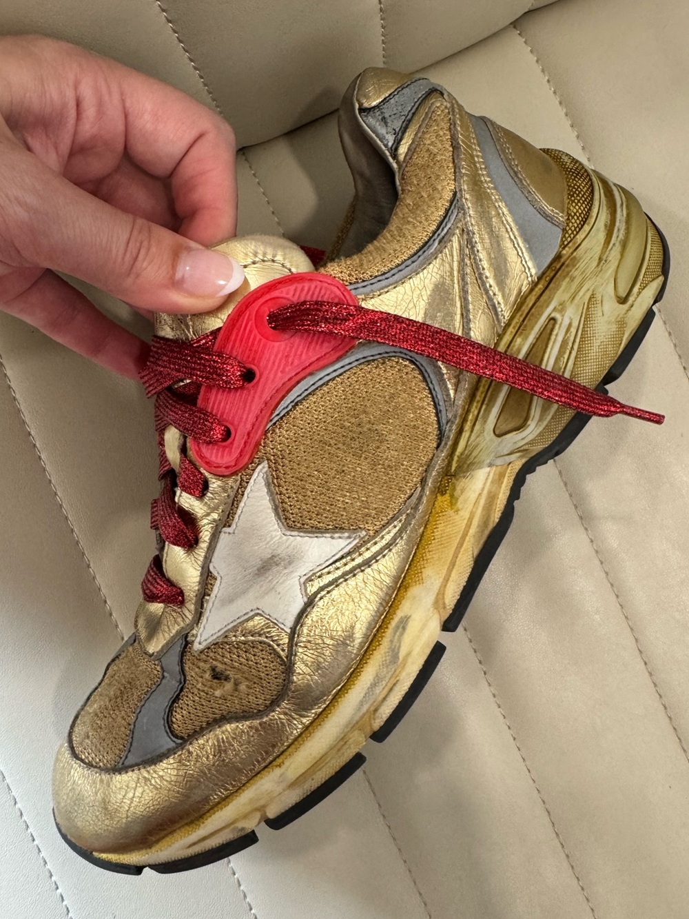 Golden Goose Dad-Star Metallic Gold Mesh Sneakers Red Laces Size EU Size 39
